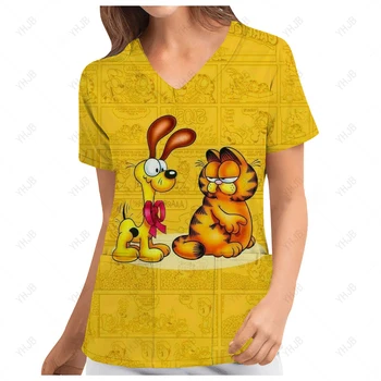 V Neck T-shir T Košele Nemocnice Sestra Jednotné Cartoon Garfield Žena Šaty, Topy, Top Ženy 2023 Módne Letné Vrecku T-shirts