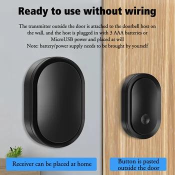 Black Domov Nepremokavé USB alebo Napájaný z Batérií Bezdrôtový Zvonček 300M Smart Home Zvonček Zvonkohry Kit LED Bleskom Bezpečnostný Alarm