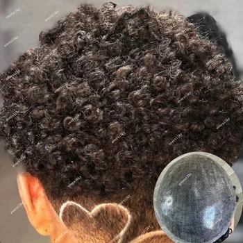Plný Pu Base Odolné Tenkú Kožu 15 mm Afro Kučeravé Ľudských Vlasov u Mužov Toupee Brown Black Mužské Vlasy Parochňa Nahradenie Kapilárnej Prothesis