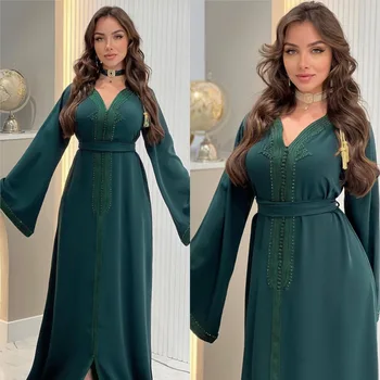 Ramadánu Zelená Dlhý Rukáv Moslimských Abaya Šaty pre Ženy Eid arabské Strany Jalabiya Marocain Oblečenie Turecko Marocký Kaftan Župan