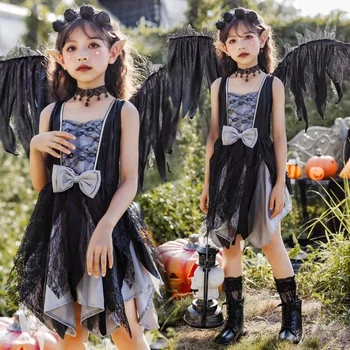 Detské Upír Gotický Black Angel Šaty Elf Cos Obliekať Dievčenské Výkon Šaty Detí Halloween Oblečenie