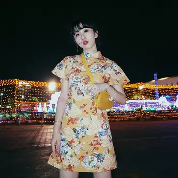 2023 nová čínska módne denne štýl cheongsam šaty čínsky lepší krátky rukáv stojan golier vytlačené slim qipao šaty s458
