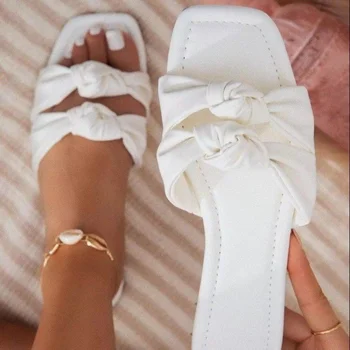 Letné Ženy Sandále 2023 Vonkajšie Plus Veľkosť 43 Otvorené Prst Ploché Papuče Ženy Námestie Hlavu Luk Pláži Dámske Topánky Zapatos De Mujer