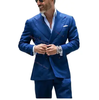 Modrá Veľké Vrecko Dvojité Breasted Sako Nohavice Človeka Vyhovovali Elegantný Set Luxusné Oblečenie Dizajnér Priateľ Slim Fit Muž Nosenie