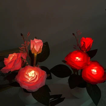 LED Nočné Osvetlenie Kvetináč Črepníkové Rose Umelé Kvety Svetlo Tlačidlo Batérie Simulované Ľahký pre Svadobné Valentines Darček