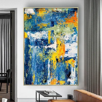 100% Ručne Vyrábané Modrej A Žltej Nôž Textúru, Obrázok Abstraktnú Olejomaľbu Moderné Vysoko Kvalitný Plagát Na Obývacia Izba Cuadros