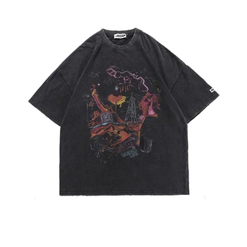 Hip Hop Umyté T-Shirt Streetwear Harajuku Roztrhlo Vytlačený T Shirt 2023 Mužov Jar Leto Krátke Rukáv Tričko