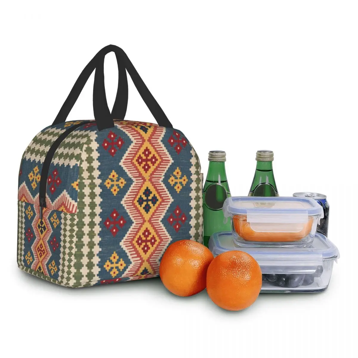 Bolsa de almuerzo con estampado de Kilim persa étnica geométrica Bohemia, enfriador térmico, caja de almuerzo aislada para mujer5
