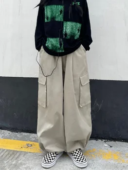 Kórejský Módne Nákladu Streetwear Nohavice Dámske Vrecku Patchwork Šnúrkou Vysoký Pás Bežné Vintage Y2k Estetické Neforemné Nohavice