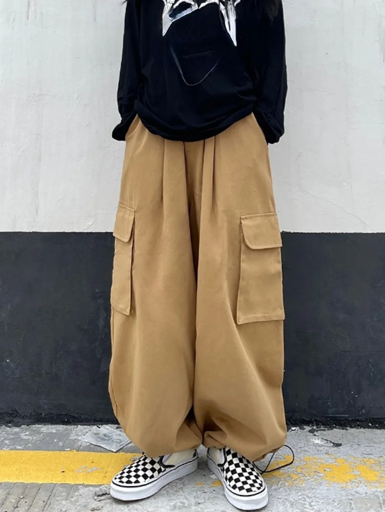 Kórejský Módne Nákladu Streetwear Nohavice Dámske Vrecku Patchwork Šnúrkou Vysoký Pás Bežné Vintage Y2k Estetické Neforemné Nohavice1
