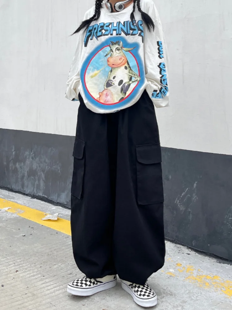 Kórejský Módne Nákladu Streetwear Nohavice Dámske Vrecku Patchwork Šnúrkou Vysoký Pás Bežné Vintage Y2k Estetické Neforemné Nohavice2