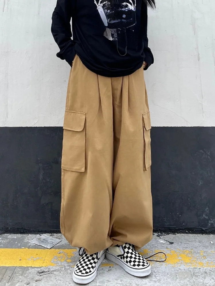 Kórejský Módne Nákladu Streetwear Nohavice Dámske Vrecku Patchwork Šnúrkou Vysoký Pás Bežné Vintage Y2k Estetické Neforemné Nohavice3