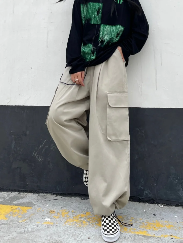 Kórejský Módne Nákladu Streetwear Nohavice Dámske Vrecku Patchwork Šnúrkou Vysoký Pás Bežné Vintage Y2k Estetické Neforemné Nohavice4