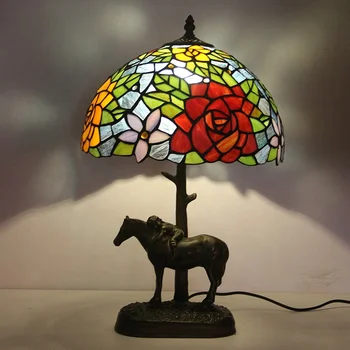LongHuiJing Tiffany Stolové Lampy, Red Rose vitráže tienidlo Stojaca Lampa S Živice Kôň Účtovná Dieťa Base