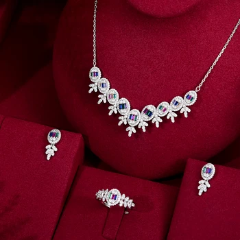 Luxusné Nádherný Lesklý Svadobný Náhrdelník Náramok, Náušnice, Prsteň, Šperky sada Pre Dámy, Ženy, Svadobné Afriky CZ Dubaj Šperky