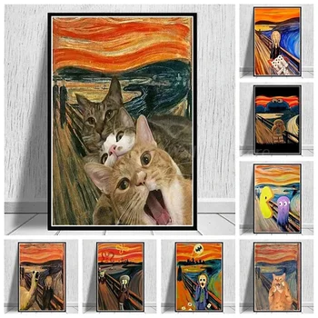 Vtipné Fat Cat Hrozivé Plátno na Maľovanie Ghost Kričať, Plagáty a Tlač Wall Art Obrázok pre Obývacia Izba Dekorácie Frameless