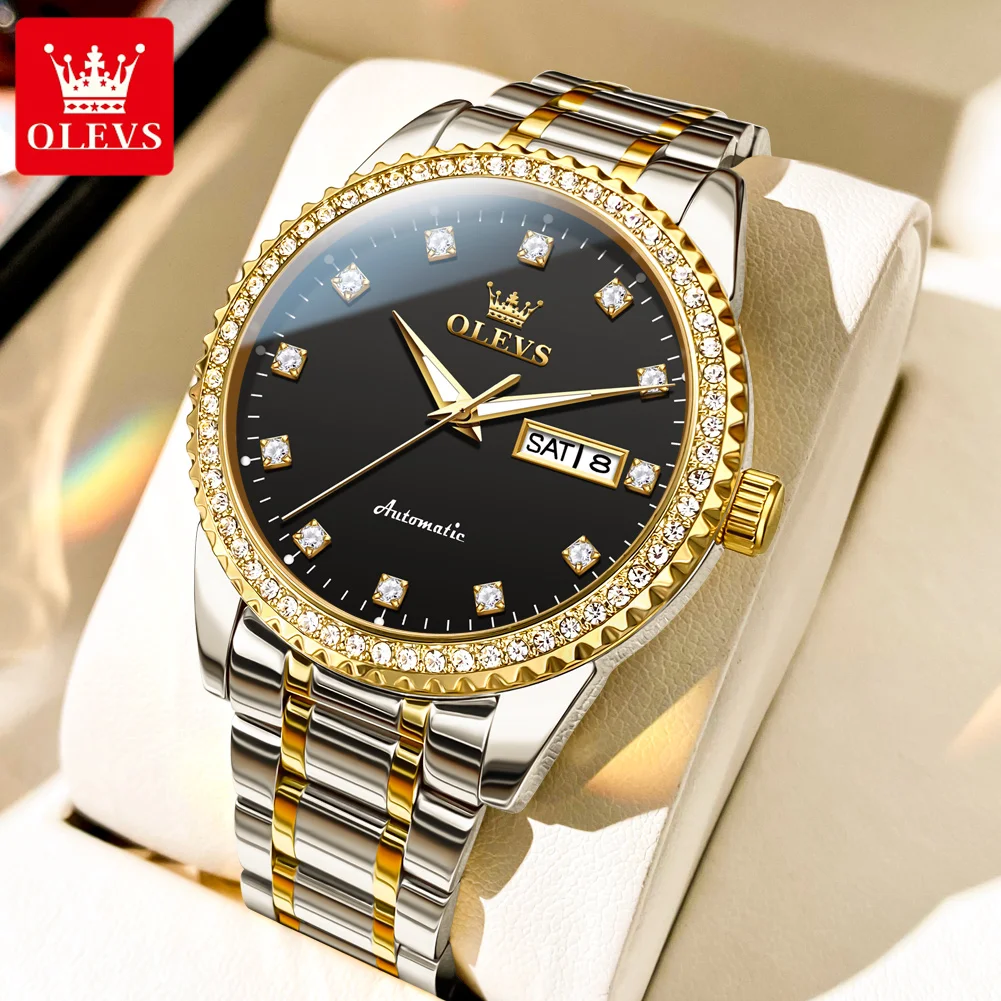 OLEVS 7003 pánske Hodinky Luxusné Automatické Mechanické Náramkové hodinky Vodotesné Svetelný Pozerať sa na Človeka, Týždeň, Dátum, Zobrazenie Diamond1