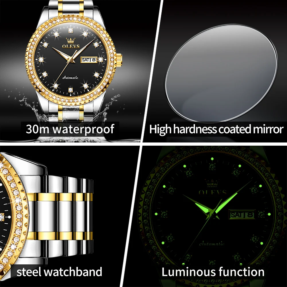 OLEVS 7003 pánske Hodinky Luxusné Automatické Mechanické Náramkové hodinky Vodotesné Svetelný Pozerať sa na Človeka, Týždeň, Dátum, Zobrazenie Diamond4