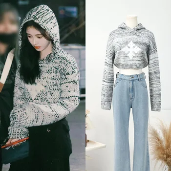 [Stock] Yang Chaoyue s rovnakým kapucňou hrubej vlny line pulóver sveter jeseň new American krátky pletený top ženy