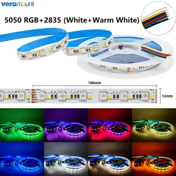5m 12V 24V DC 5050 RGBCCT LED Pásy 5050 RGB + 2835 Teplá Biela/ White 2 v 1 CCT 120LEDs/m IP20 Flexibilné LED Pásky 6Pin 12mm PCB