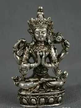 Tibete Budhizmus Miao Striebro Sedadla 4 Zbraní Chenrezig Buddha Avalokiteshvara Socha