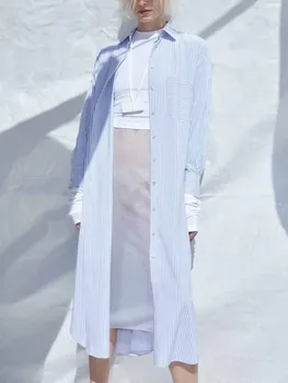 Letné novej dámskej módy Európskych a Amerických voľné klope dlhým rukávom pruhované tričko šaty