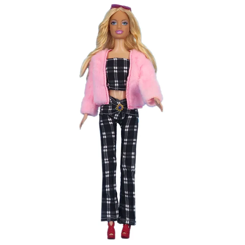 Módne Čierne Biele Kockované Office Lady Oblečenie Set Pre Bábiku Barbie Ružový Kabát & Dlhé Nohavice, Oblečenie Pre 1/6 Bábiky Accesssories Hračky0