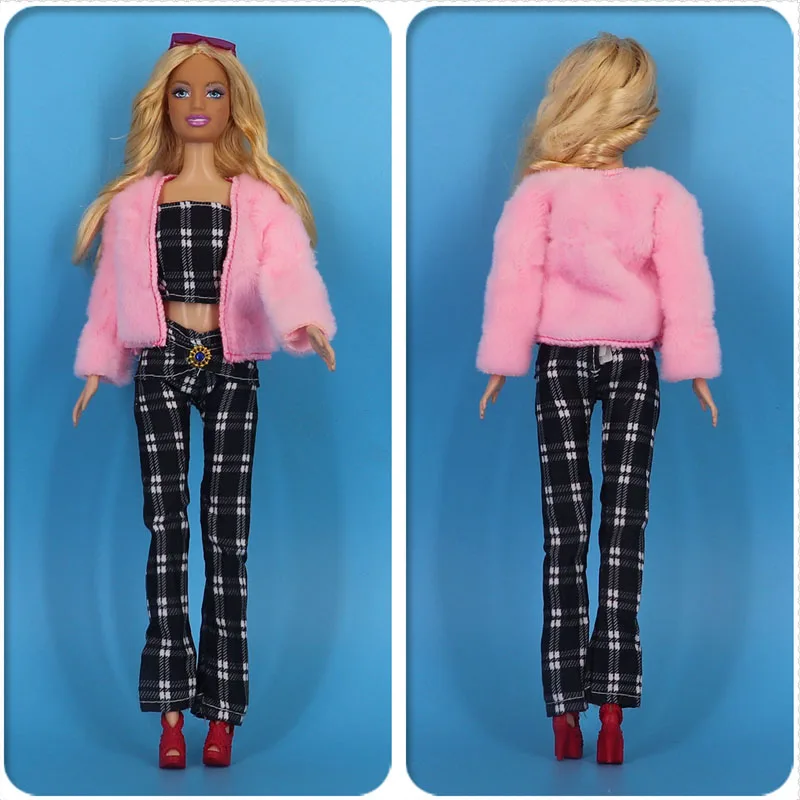 Módne Čierne Biele Kockované Office Lady Oblečenie Set Pre Bábiku Barbie Ružový Kabát & Dlhé Nohavice, Oblečenie Pre 1/6 Bábiky Accesssories Hračky1