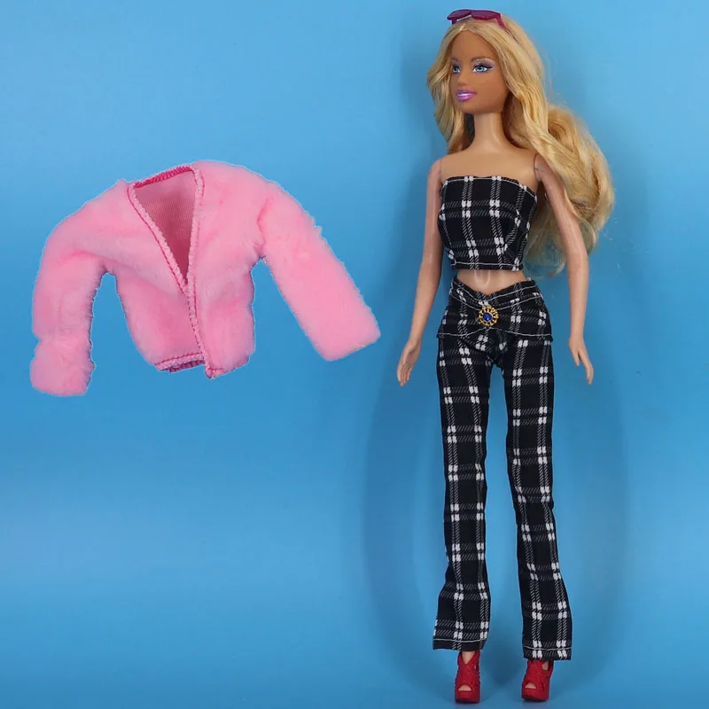 Módne Čierne Biele Kockované Office Lady Oblečenie Set Pre Bábiku Barbie Ružový Kabát & Dlhé Nohavice, Oblečenie Pre 1/6 Bábiky Accesssories Hračky2