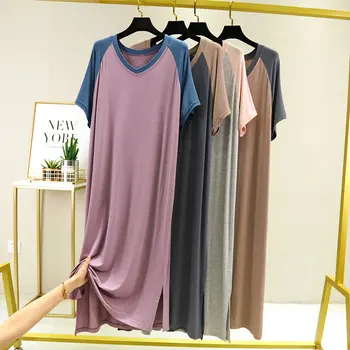 Patchwork Farba Kontrastné Bežné Nočné Oblečenie pre Ženy, Modálne Kolo Krku Dna Tenké Pajama Krátke Rukávy Split Dlhé Šaty