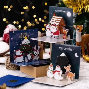 Vianočné Pohľadnice 3D Snehuliak Elk Penguin Násobne Pohľadnice, Obálky šťastné a Veselé Vianoce, Nový Rok Strana Pohľadnice