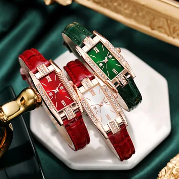 CHA-004 kvalitné luxusné diamantové vykladané námestie módne dámske hodinky s cowhide textúra popruh, doprava zdarma