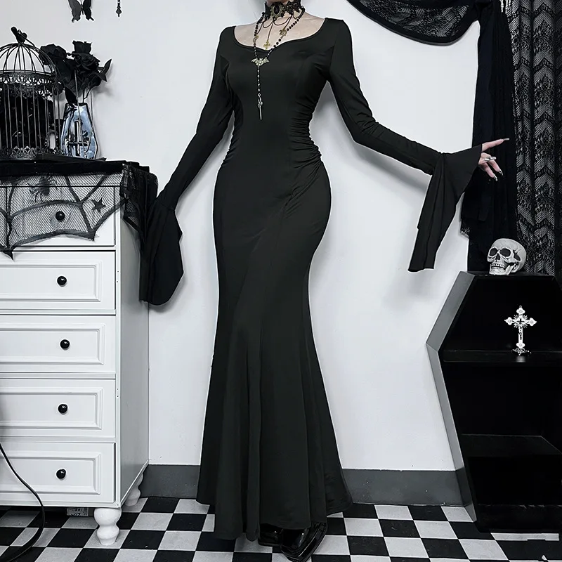 Halloween Cos Morticia Elegantné Gotické Šaty pre Ženy Adams Family Inšpiroval streda Slim Lete Morská víla0