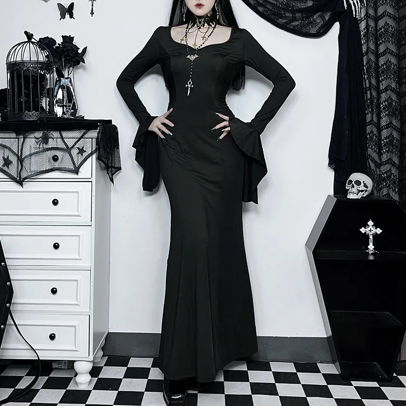 Halloween Cos Morticia Elegantné Gotické Šaty pre Ženy Adams Family Inšpiroval streda Slim Lete Morská víla3